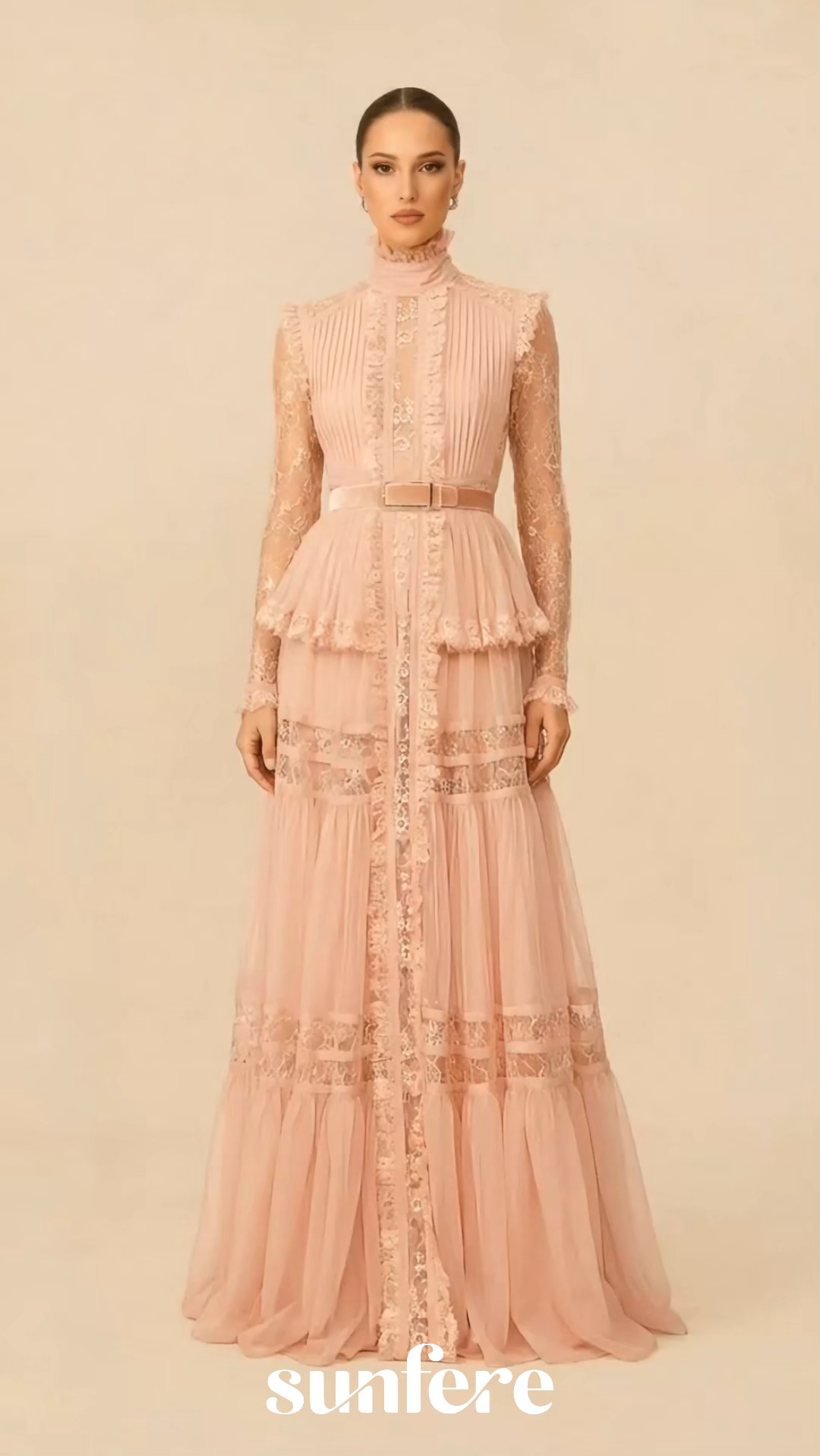 Unique Impression Pink High Neck Ruffled Trim Maxi Dress