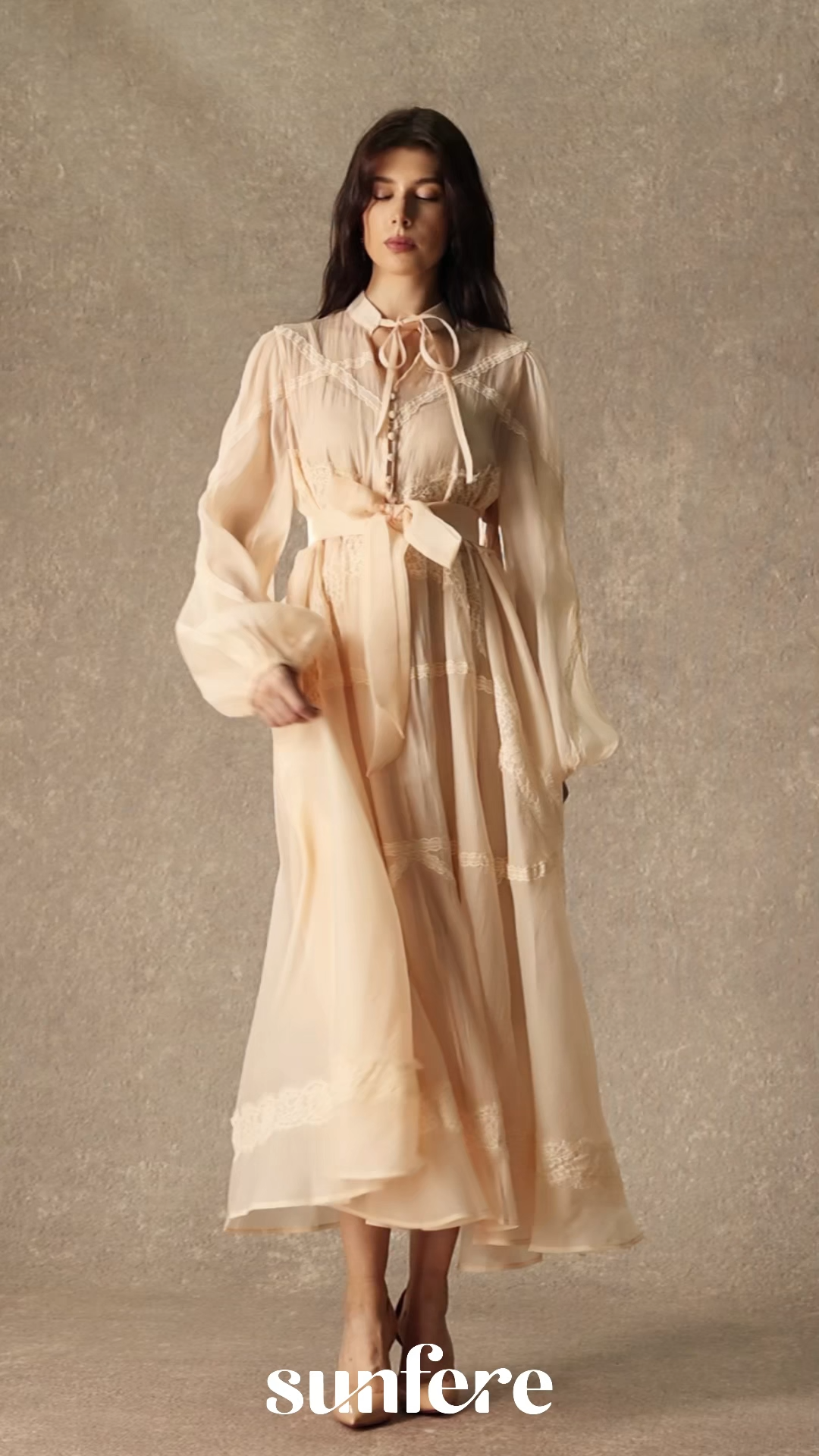 Lovely Details Beige Tie Neck Lace Panel Maxi Dress