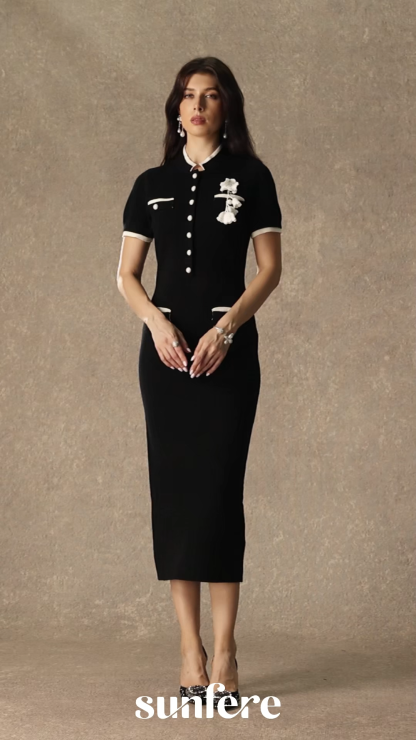 Perfect Classic Black Contrast Trim Floral Applique Midi Dress