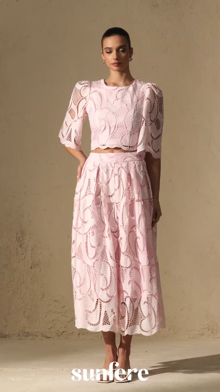 Spellbound By You Pink Lace Bell Sleeve Top & Midi Skirt Set