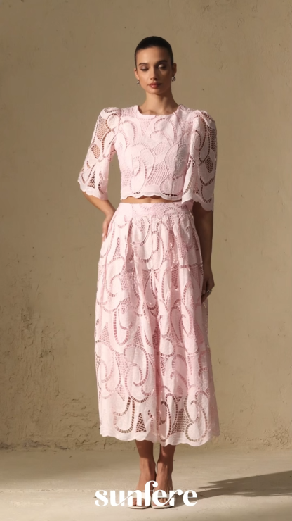 Spellbound By You Pink Lace Bell Sleeve Top & Midi Skirt Set