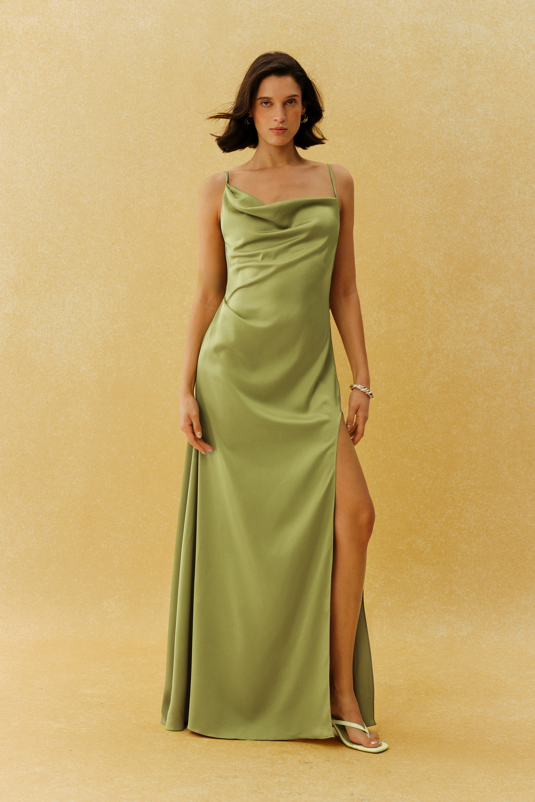 Paula Backless Ruffle Detail Satin Maxi Dress
