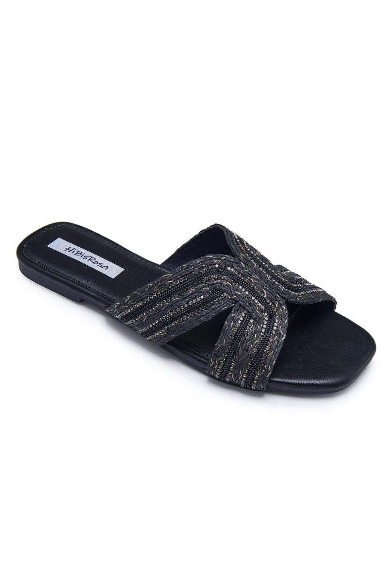 shoes-Cara Embellished Straw Woven Mule Slipper-SSH00604222714-Black-37 - Sunfere