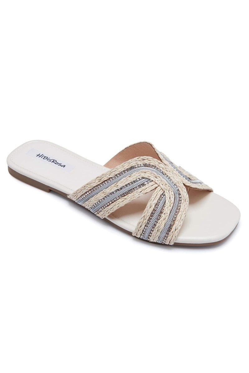 shoes-Cara Embellished Straw Woven Mule Slipper-SSH00604222714-White-37 - Sunfere
