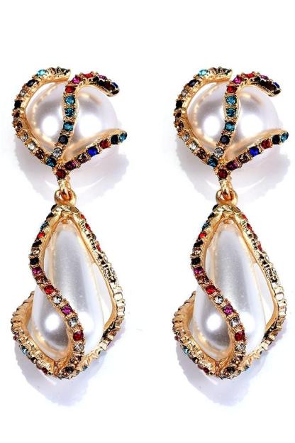 Carved Winding Diamante Pearl Drop Earrings