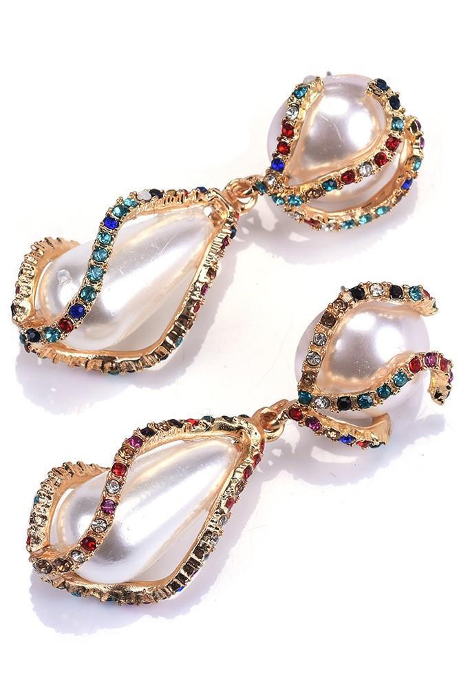 Carved Winding Diamante Pearl Drop Earrings