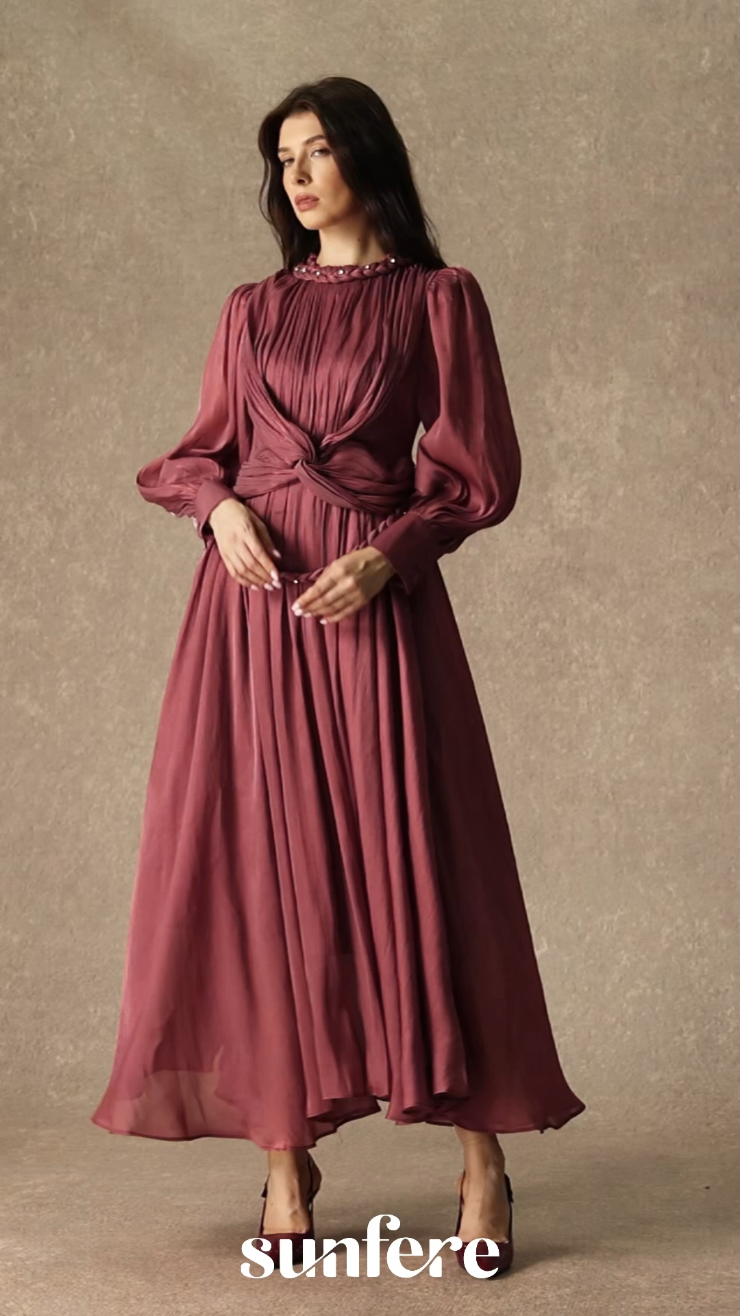 Irresistible Style Dark Pink Braided Detail Lantern Sleeve Maxi Dress