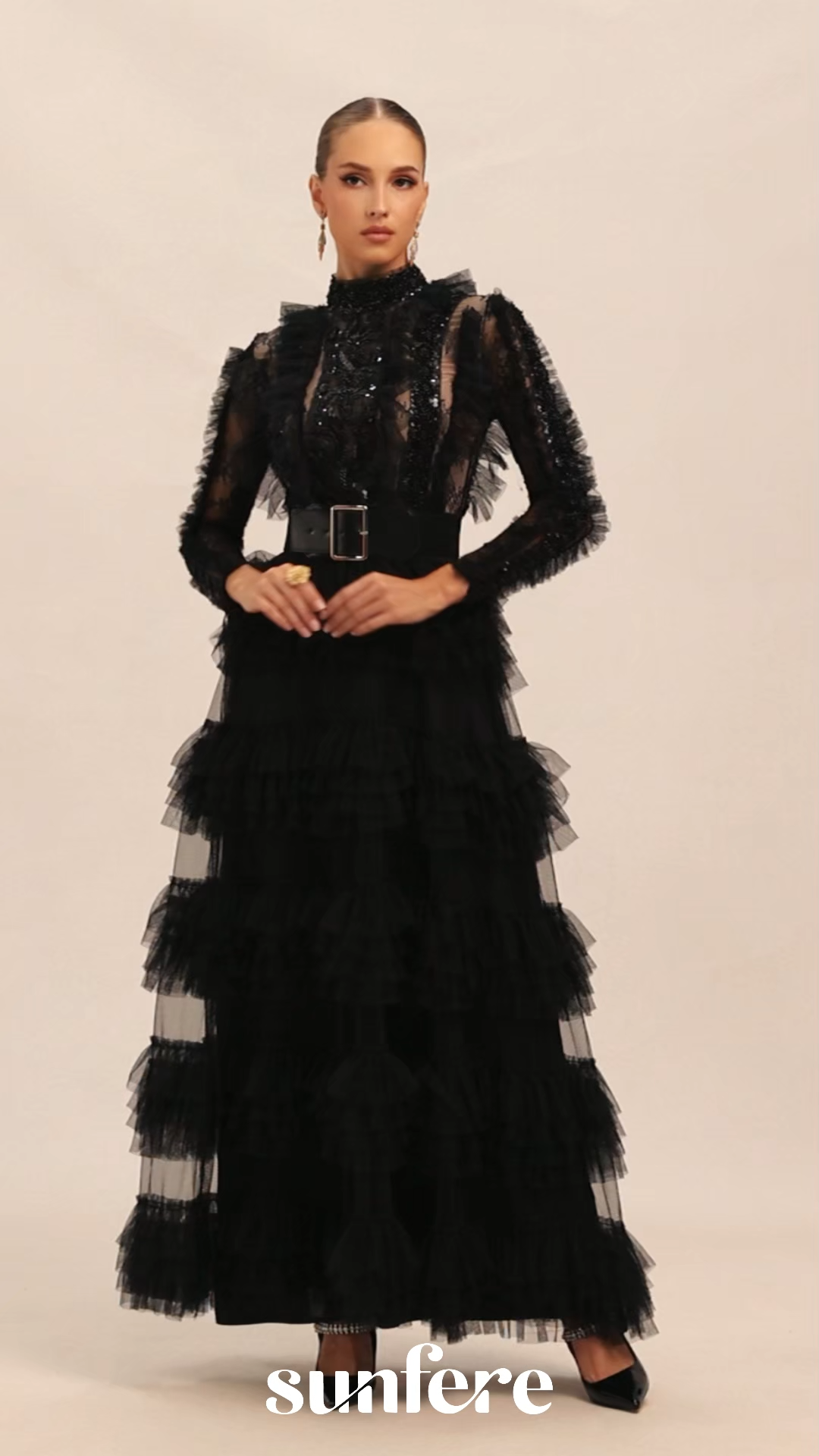 Midnight Allure Black Lace Sleeve Ruffled Maxi Dress