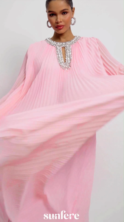 Yvonne Diamante Feathered Pleated Maxi Chiffon Dress