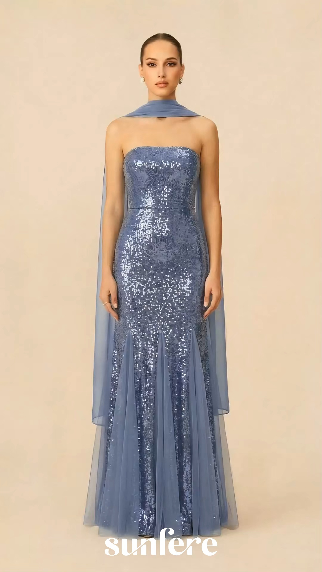 Glimmer Game Blue Sequin Strapless Dress With Chiffon Scarf