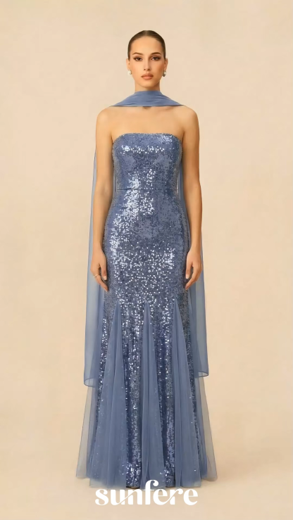 Glimmer Game Blue Sequin Strapless Dress With Chiffon Scarf