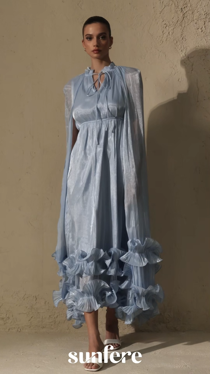 Shirley Blue Cape-effect Ruffled Midi Dress