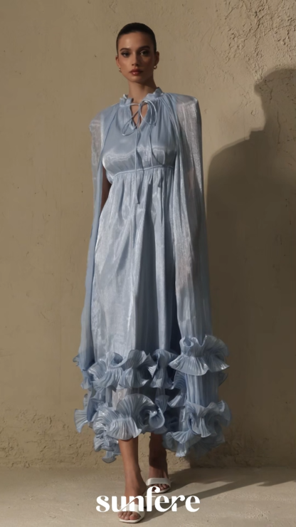 Shirley Blue Cape-effect Ruffled Midi Dress