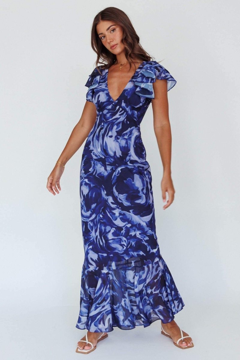 dresses-Cecil Printed V-neck Ruffle Maxi Dress-SD00604122672-Blue-S - Sunfere