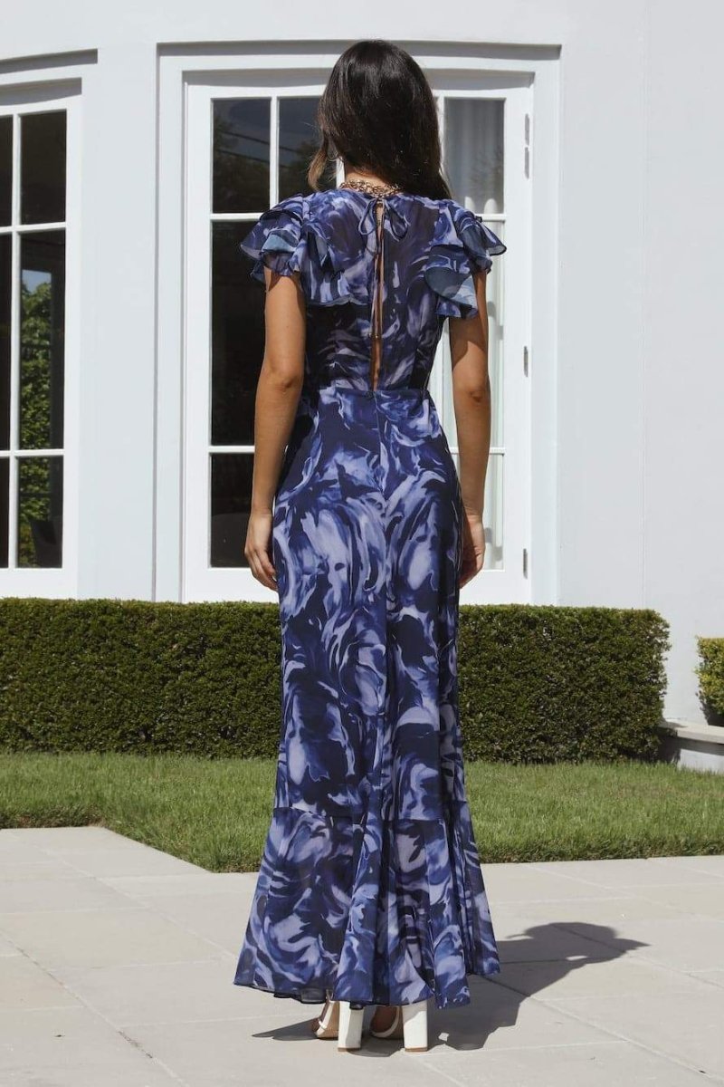dresses-Cecil Printed V-neck Ruffle Maxi Dress-SD00604122672-Blue-S - Sunfere