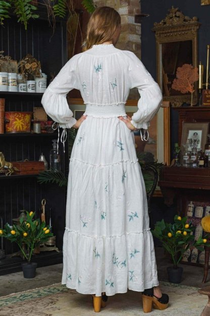 dresses-Cecilia Embroidered V-neck Shirred Maxi Dress-SD00203222519-White-S - Sunfere