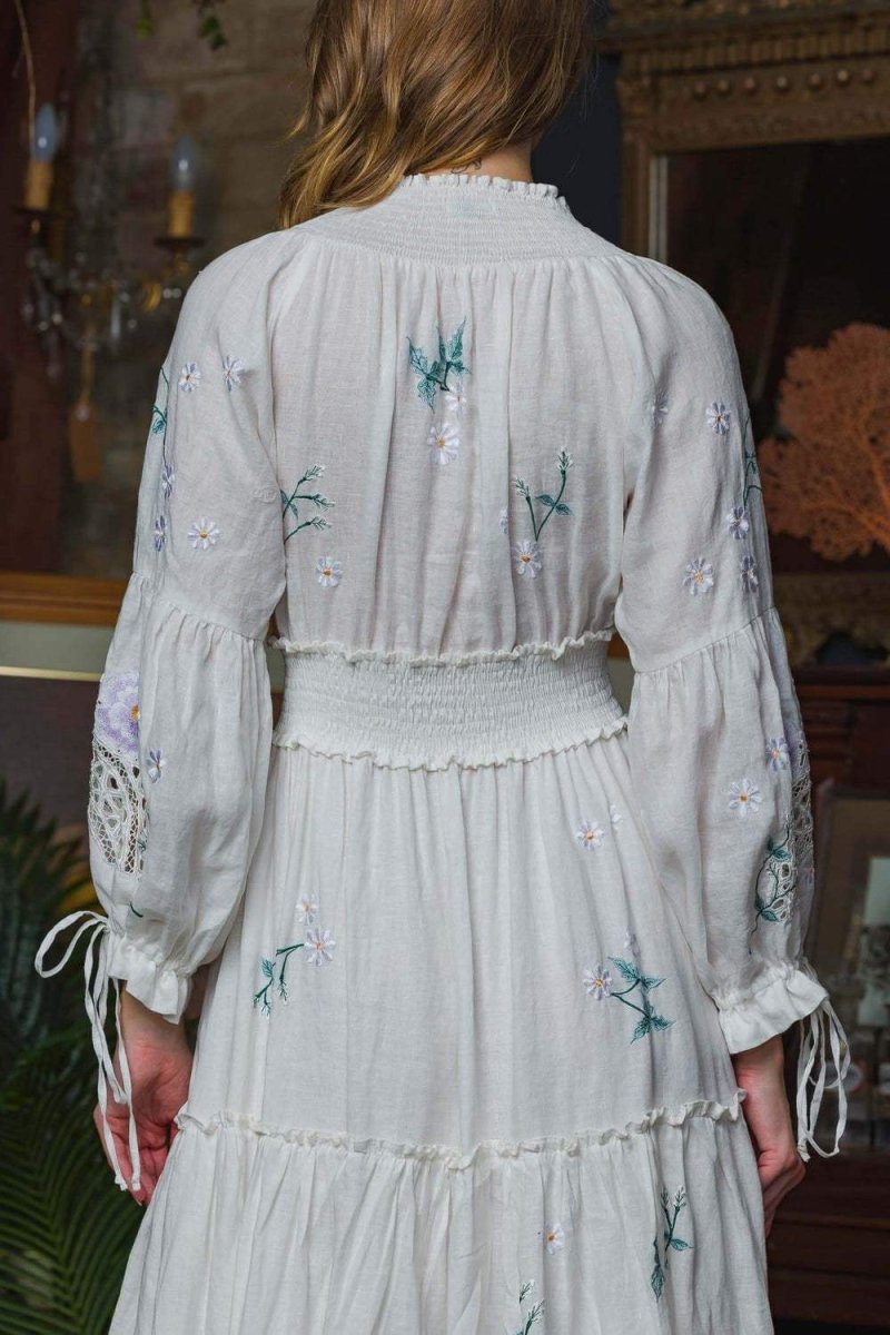 dresses-Cecilia Embroidered V-neck Shirred Maxi Dress-SD00203222519-White-S - Sunfere