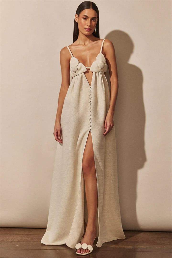 dresses-Celeste V-neck Flower High Slit Maxi Dress-SD00605302850-Apricot-S - Sunfere