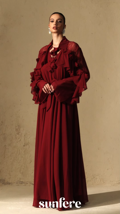 Beautiful Aura Sheer Lace Ruffled Sleeve Maxi Dress