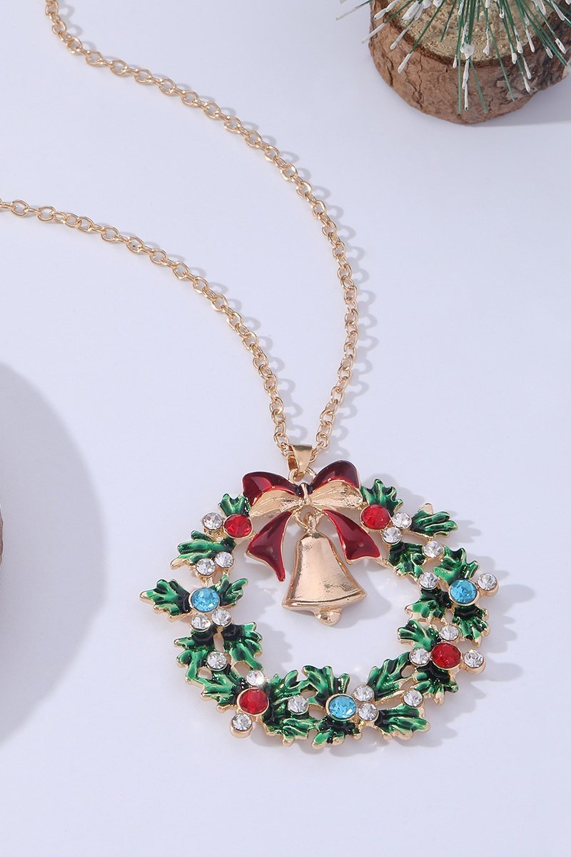 '-Christmas Wreath Bell Pendant Necklace-SA00611141906-Gold - Sunfere