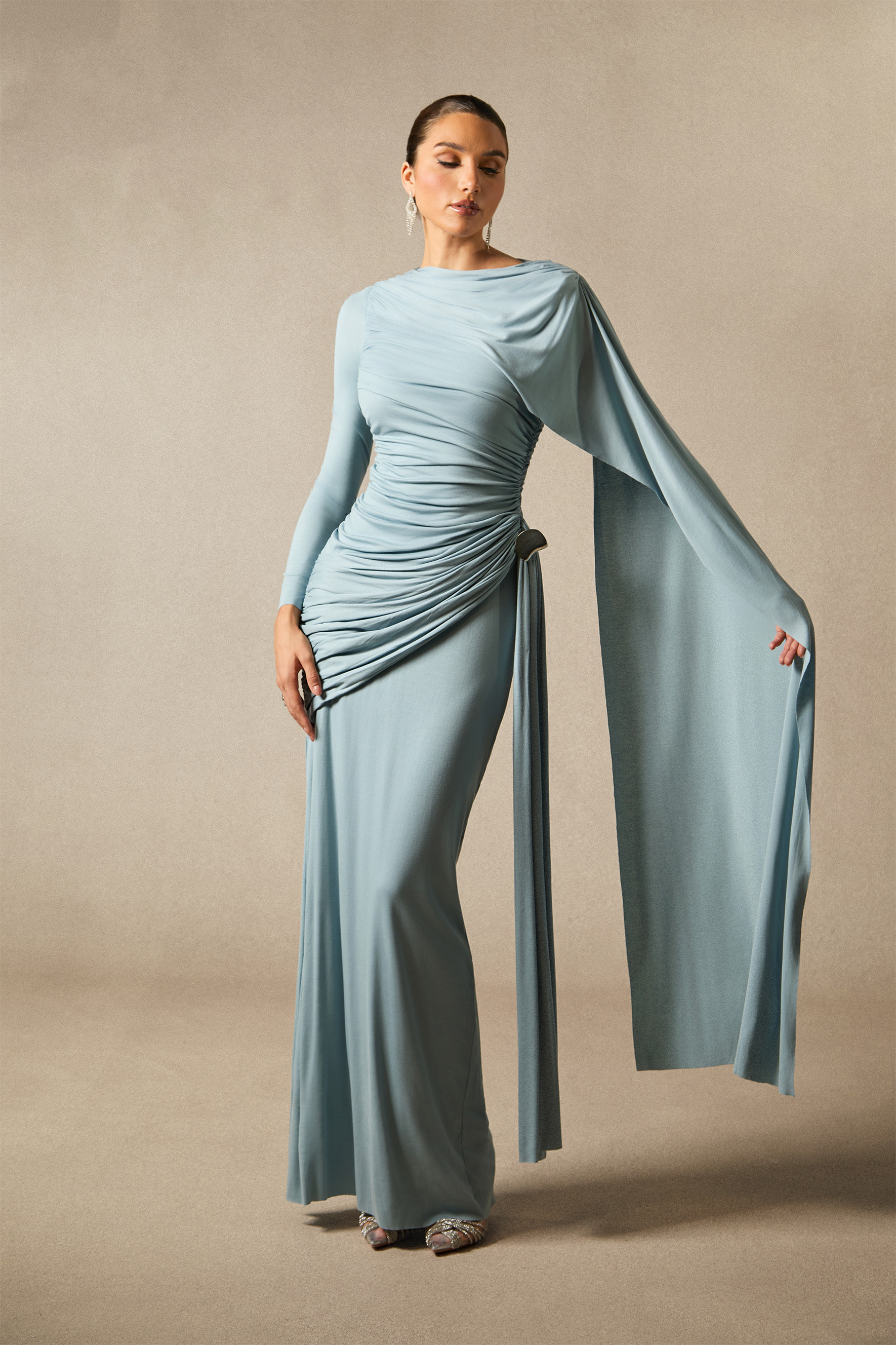 sunfere Elsie Long Sleeve Cape Detail Maxi Dress