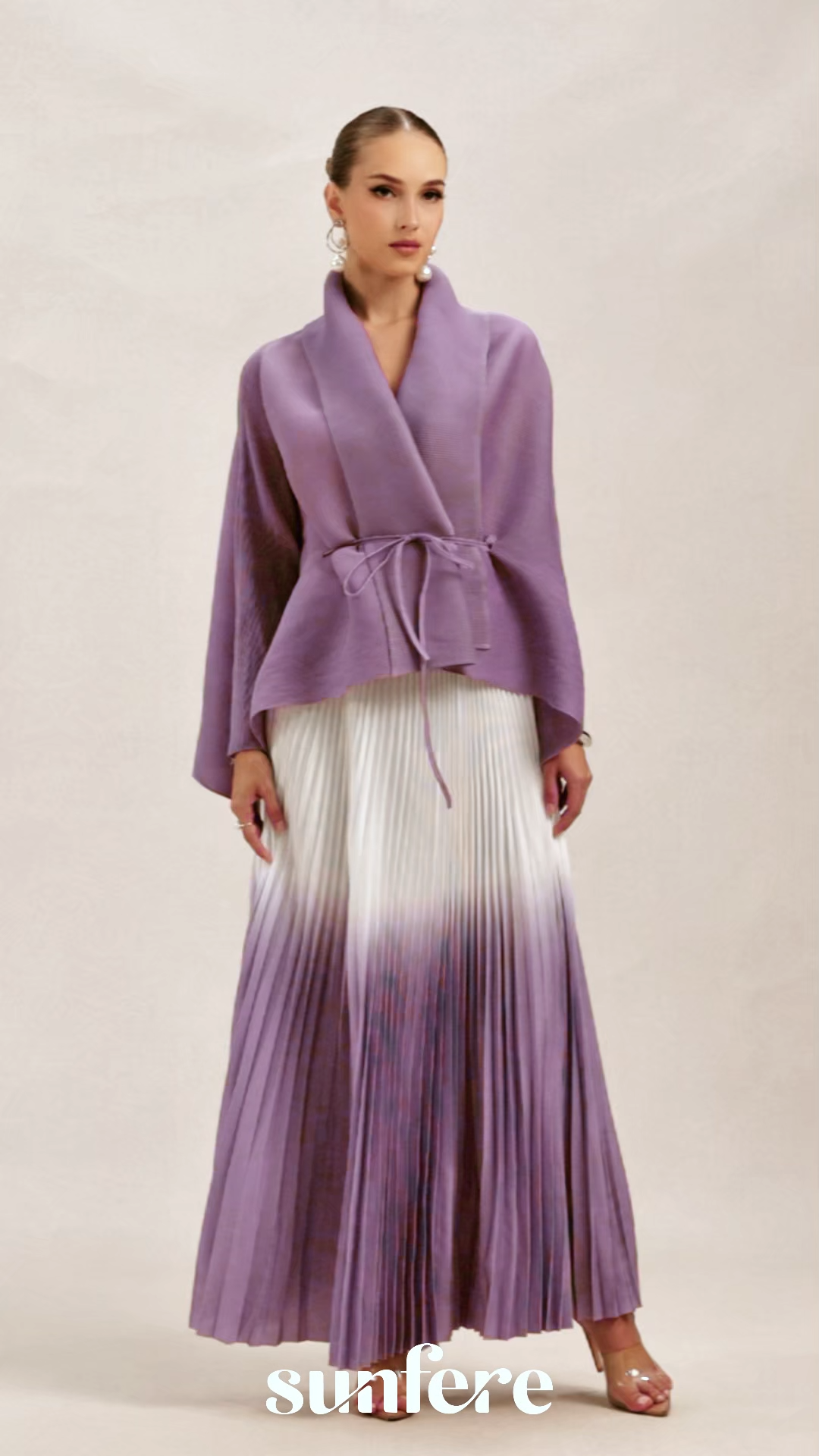 Pleasing Chicness Purple Wrap Top &  Gradient Pleated Skirt Set