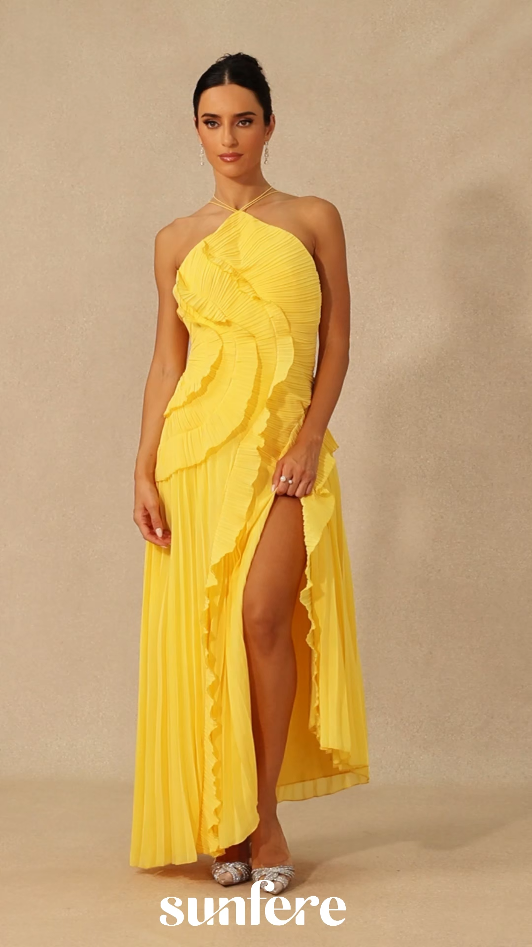 Nina Asymmetry Pleated Halterneck Midi Dress