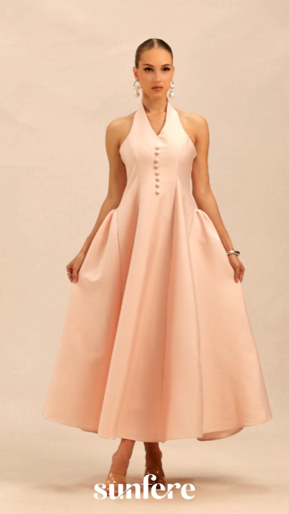 Prominent Charm Pink Halter A-Line Midi Dress