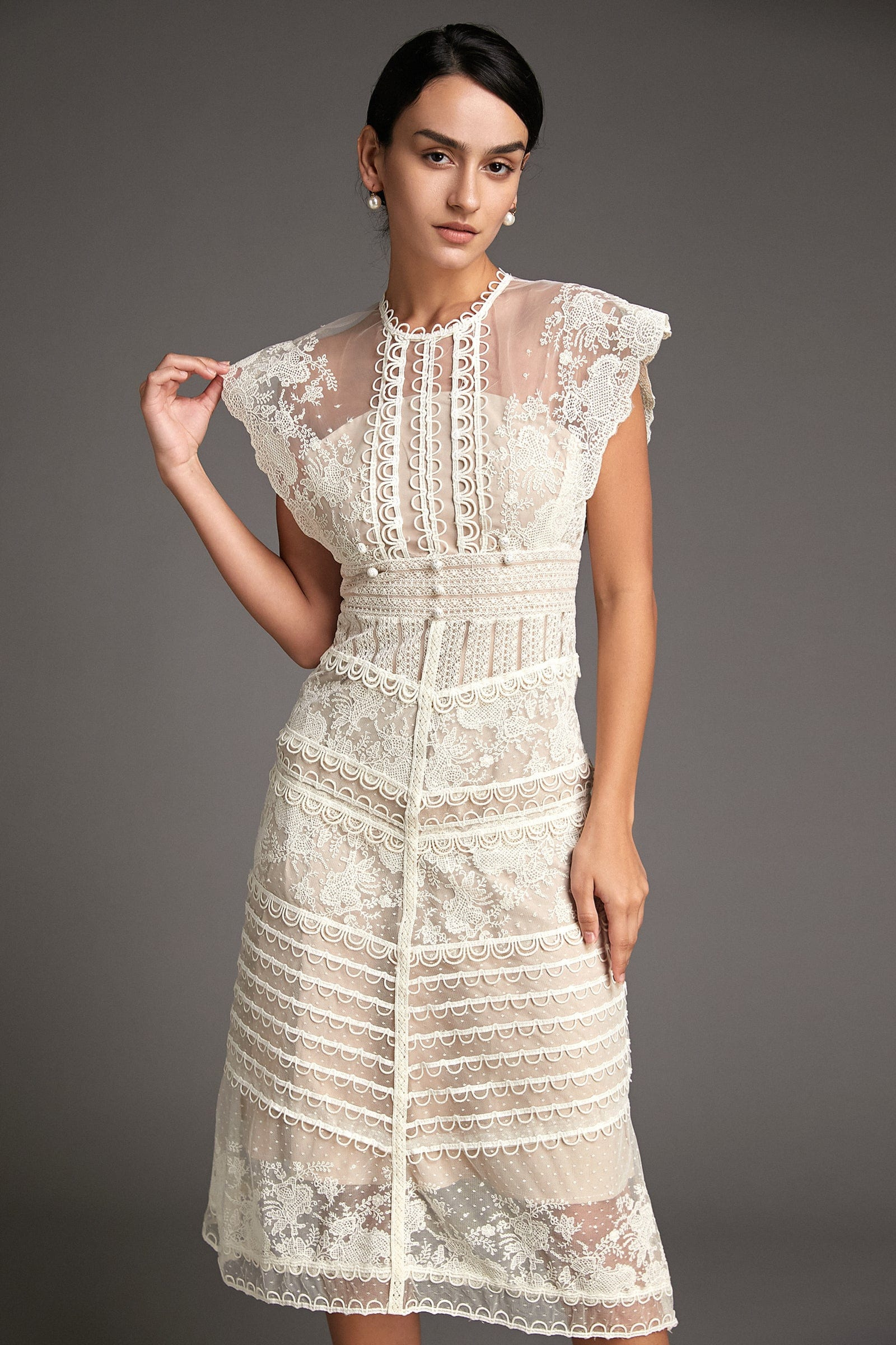 Lydia Flower Embroidered Mesh Midi Dress-Sunfere