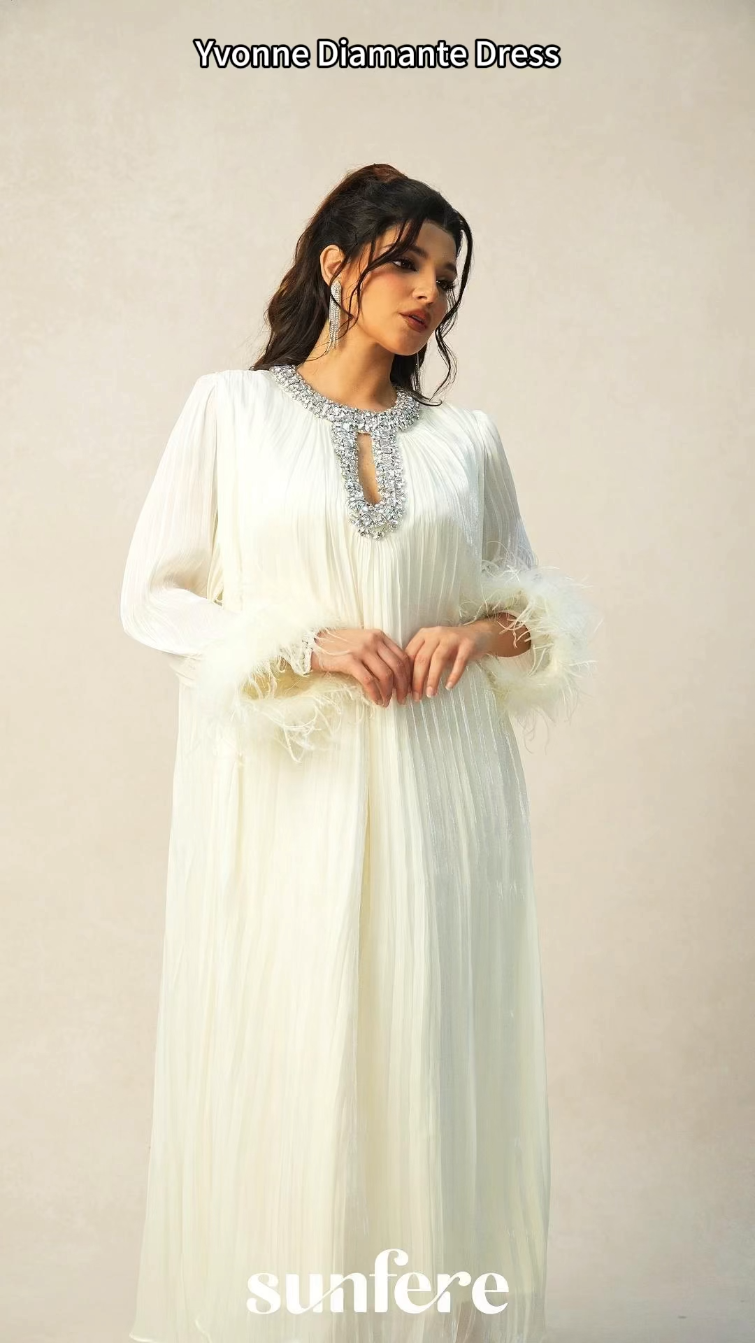 Yvonne Diamante Feathered Pleated Maxi Chiffon Dress
