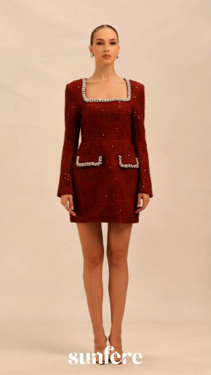 Isabela Pearl Trim Square Neck Tweed Mini Dress