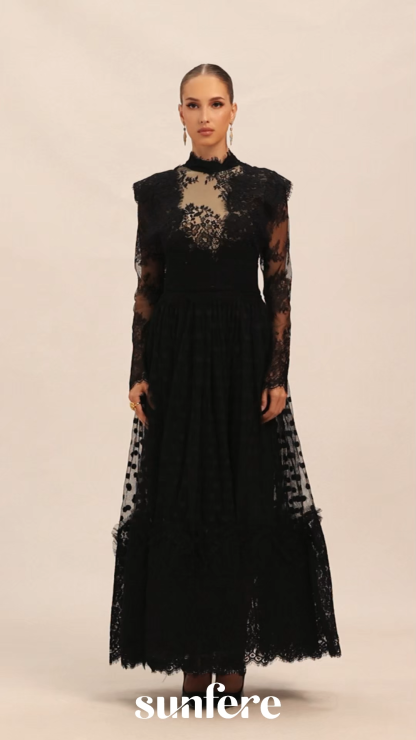 Elegant Enchantment Black Polka Dot Lace Maxi Dress