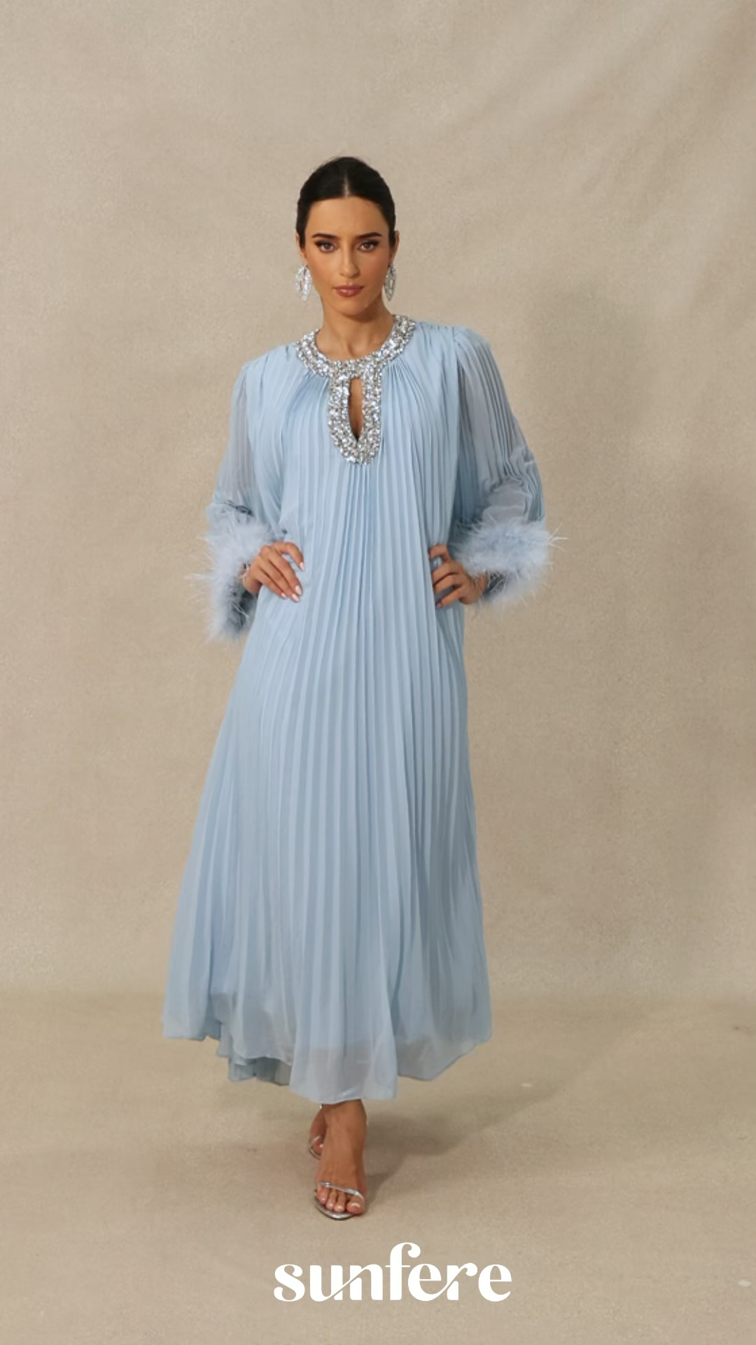 Yvonne Diamante Feathered Pleated Maxi Chiffon Dress