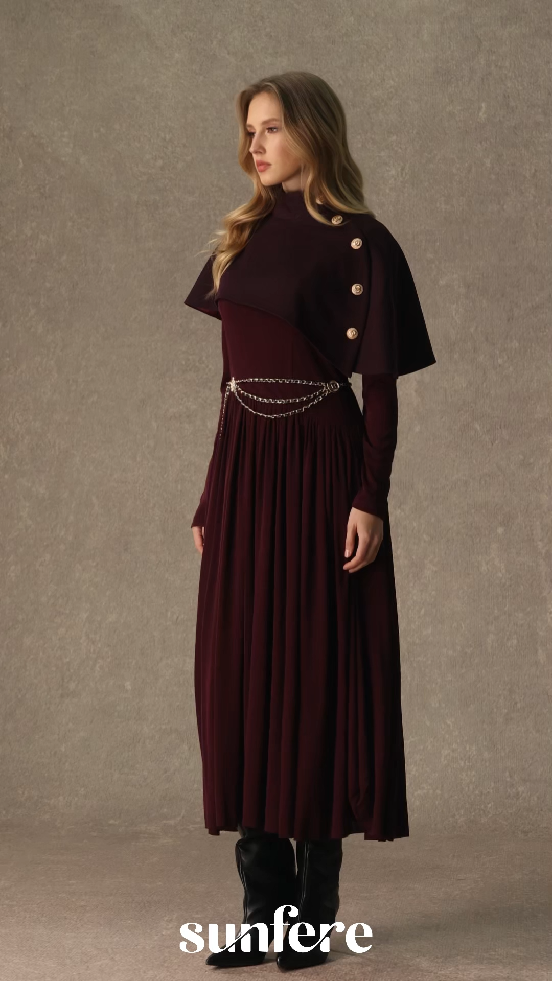 Majestic Attitude Purple Buttoned Cape & Pleated Knit Dress Set