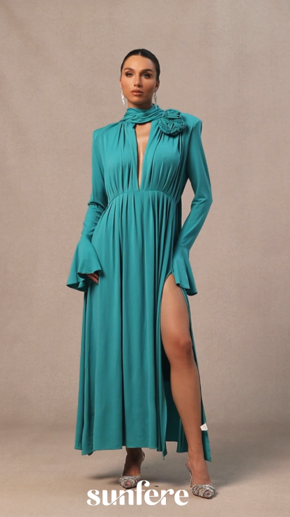 Yedda Flower Trimmed V-Neckline Pleated Slit Maxi Dress