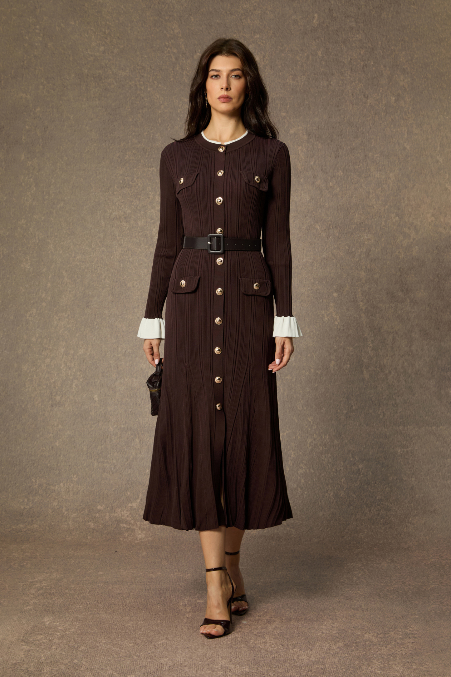 sunfere Autumn Luxe Brown Contrast Trim Ruffle Midi Dress or Elegant Knit Midi Sweater Dress for Winter Weddings