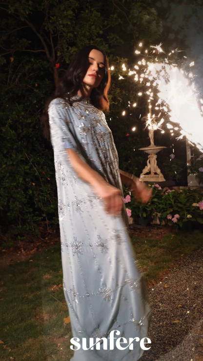 Glowing Charisma Light Blue Sequin Embellished Cape Maxi Dress