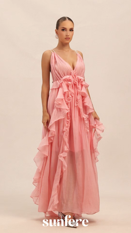 Elsa Plunge Neck Ruffle Maxi Dress