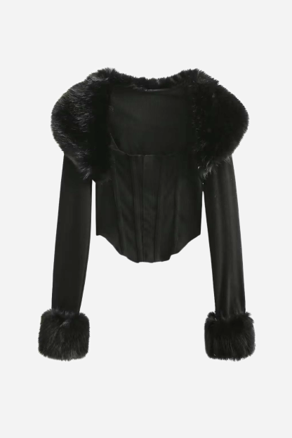 Apphia Crop Artificial Fur Blouse & Corset Two Piece Set