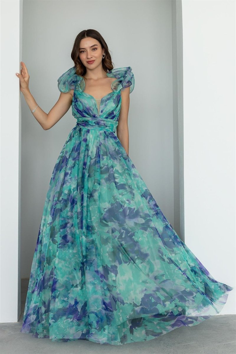Ruffles Print Floral Chiffon Maxi Dres Ruffles Print Floral Chiffon Maxi Dres