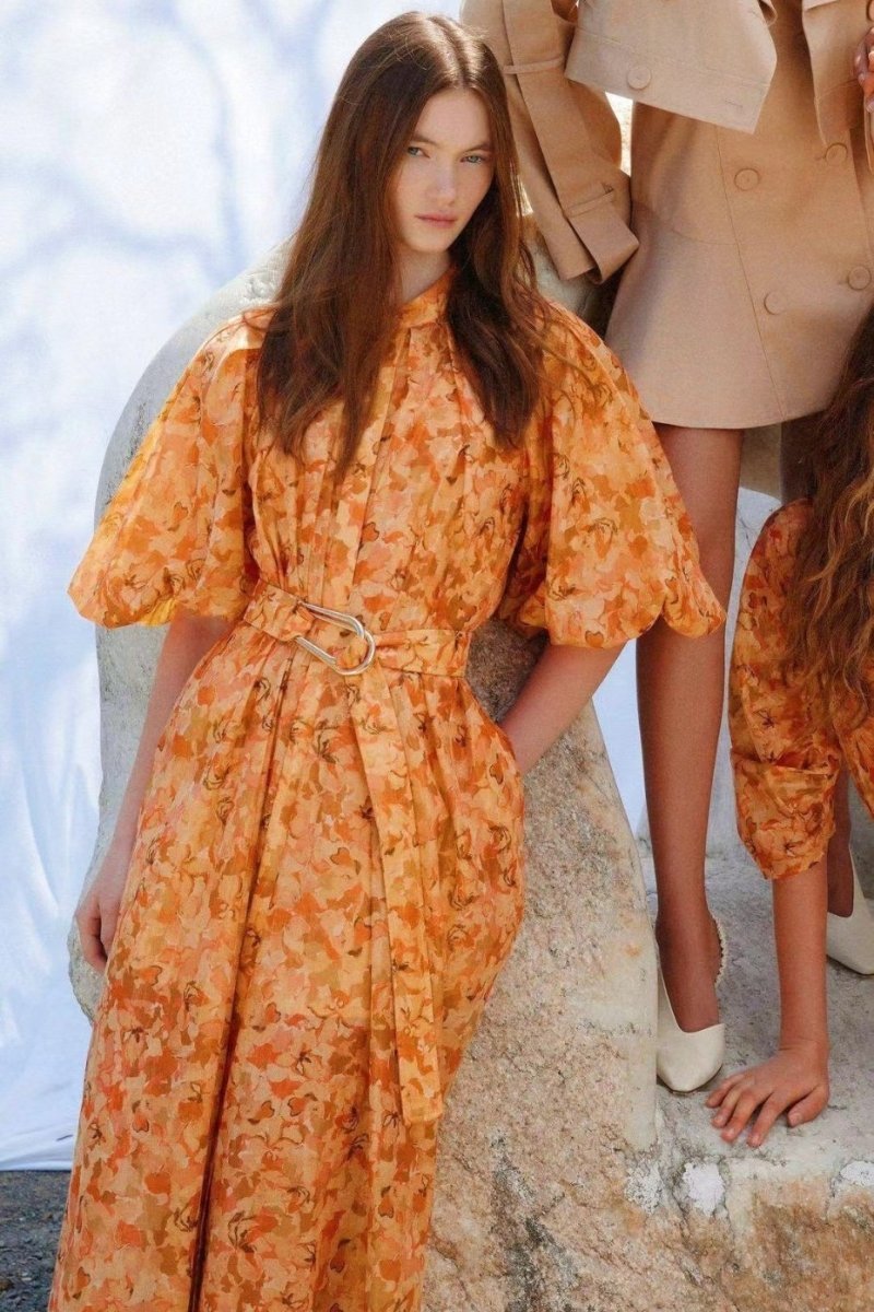 dresses-Daphne Printed Belted Midi Dress-SD00205112781-Orange-S - Sunfere