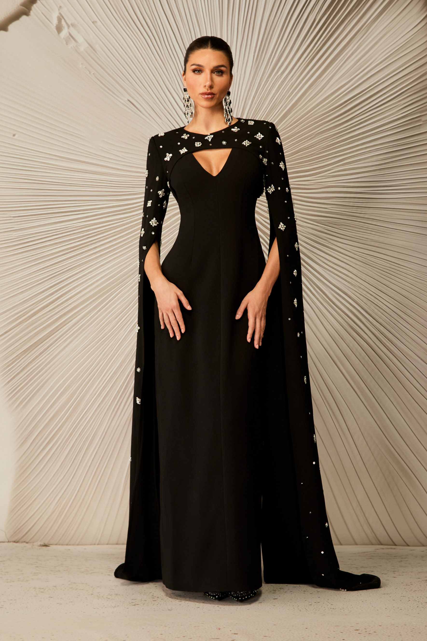 sunfere Luna Embellished Cape Sleeve Maxi Dress