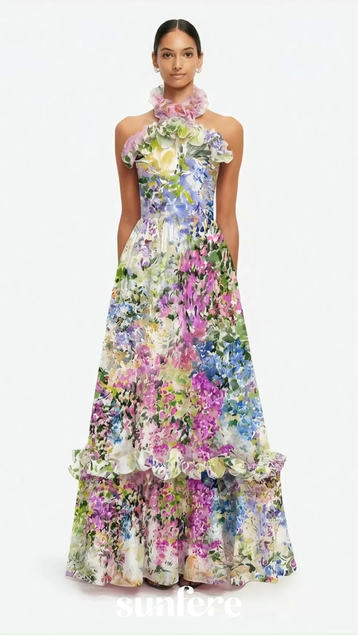 Love And Blooms Multi Floral Halter Neck Ruffle Maxi Dress
