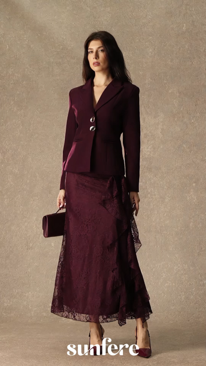 Style Unleashed Burgundy Irregular Button Jacket & Ruffled Lace Dress Set