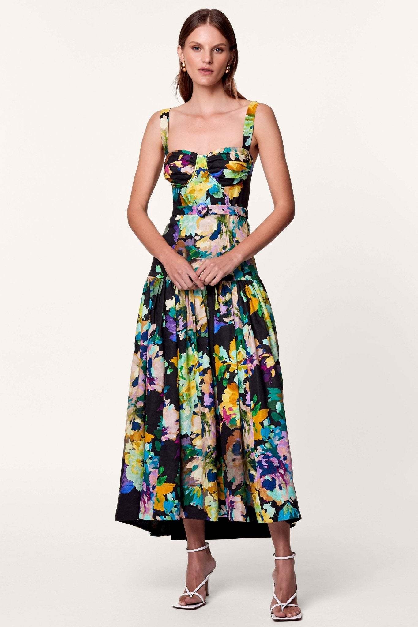 Delia Printed Belted Flare Maxi Dress-Sunfere