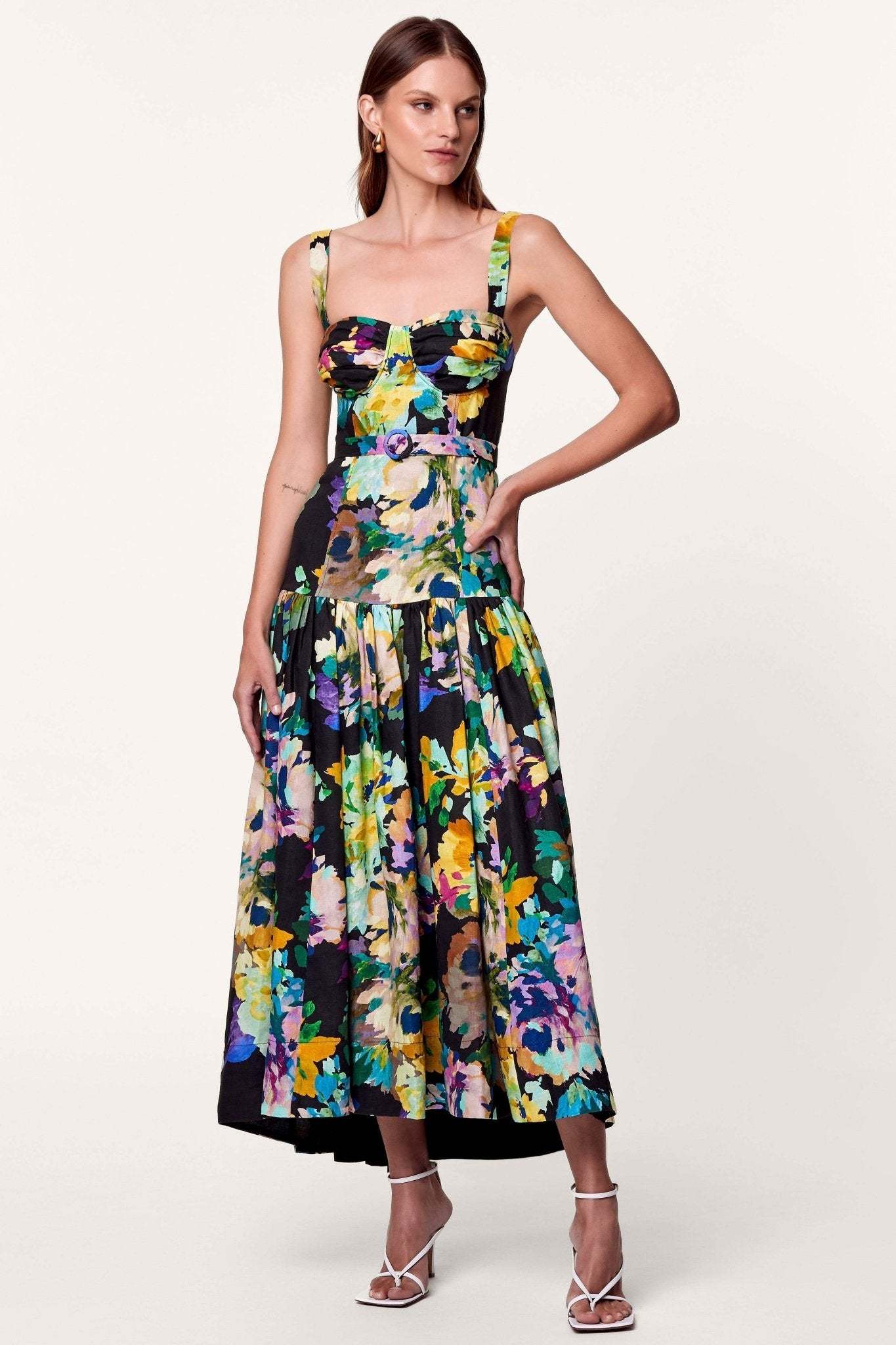Delia Printed Belted Flare Maxi Dress-Sunfere