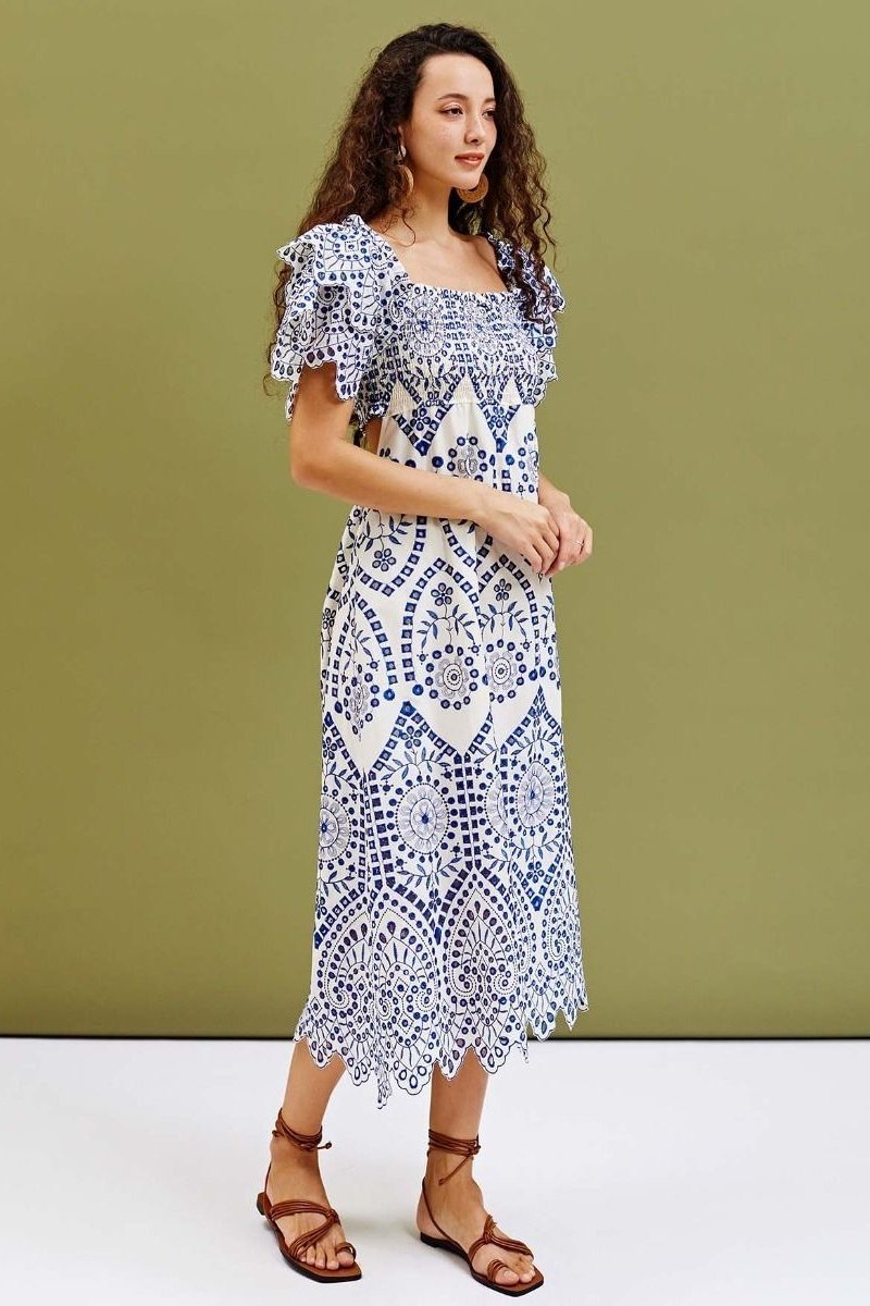 Della Embroidery Lace Ruffle Shirred Midi Dress