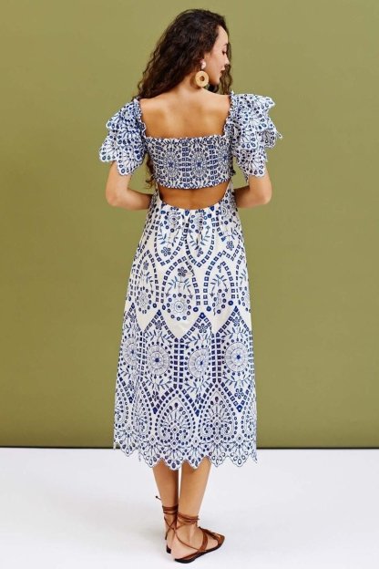Della Embroidery Lace Ruffle Shirred Midi Dress