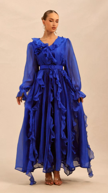 Dreamy Cobalt Blue Ruffle Trim Maxi Dress