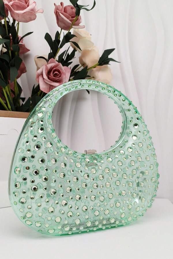 accessories-Diamante Embellished Acrylic Clutch Bag-SA00603072403-Green - Sunfere